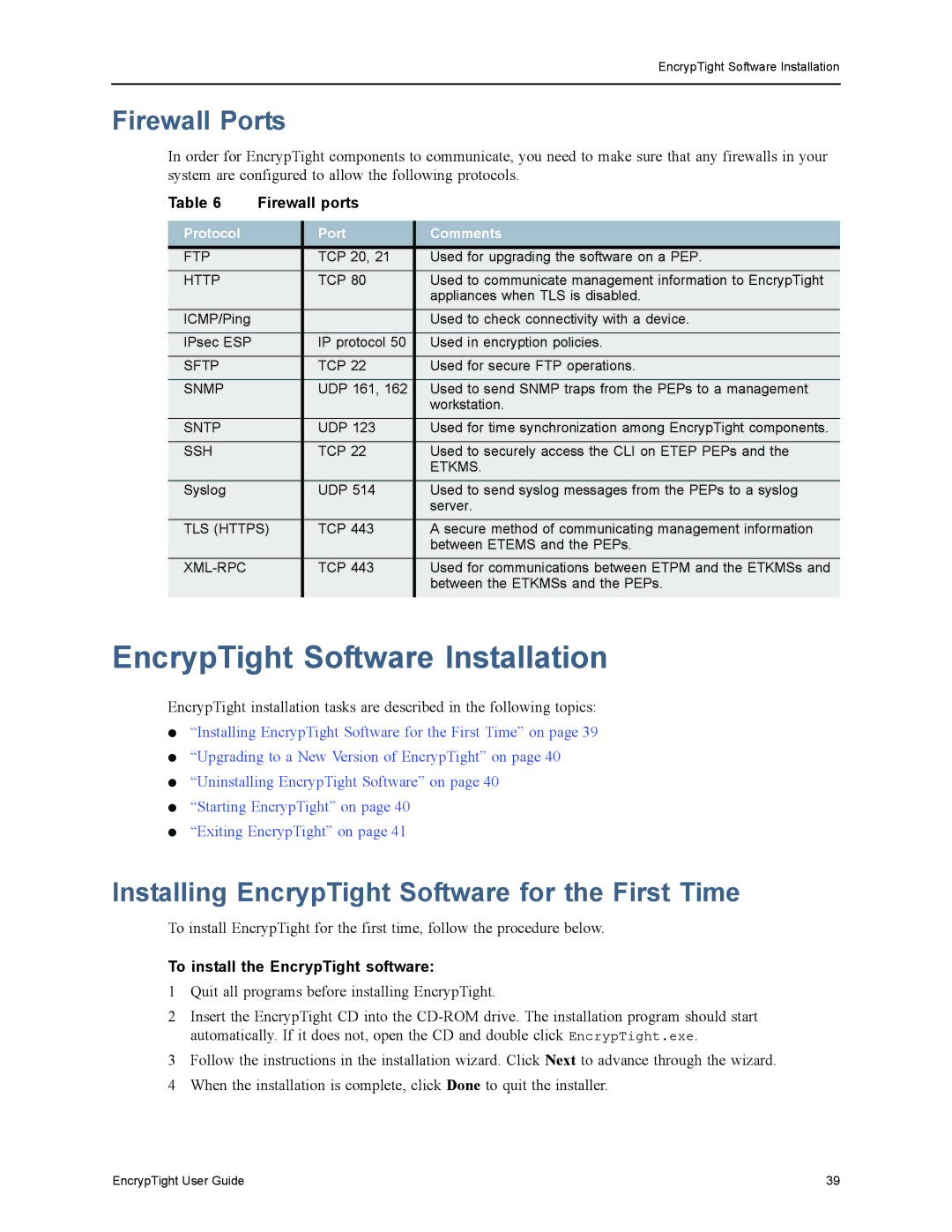 Black Box manual EncrypTight Software Installation, Firewall Ports, Installing EncrypTight Software for the First Time 