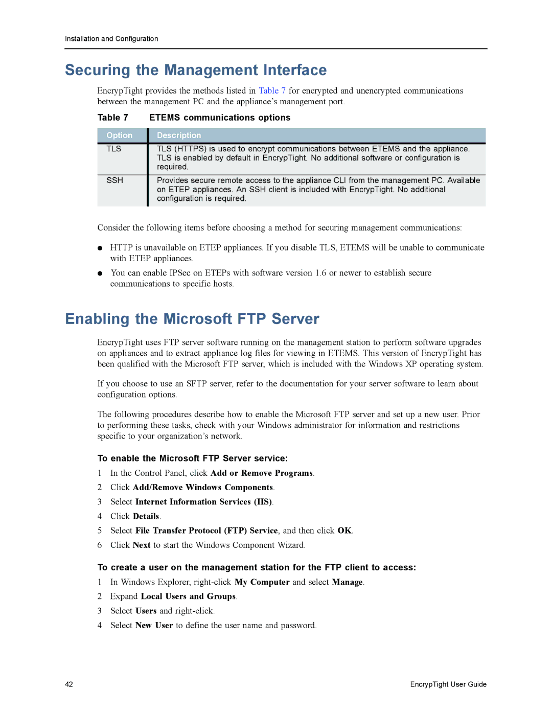 Black Box ET0010A manual Securing the Management Interface, Enabling the Microsoft FTP Server, Etems communications options 