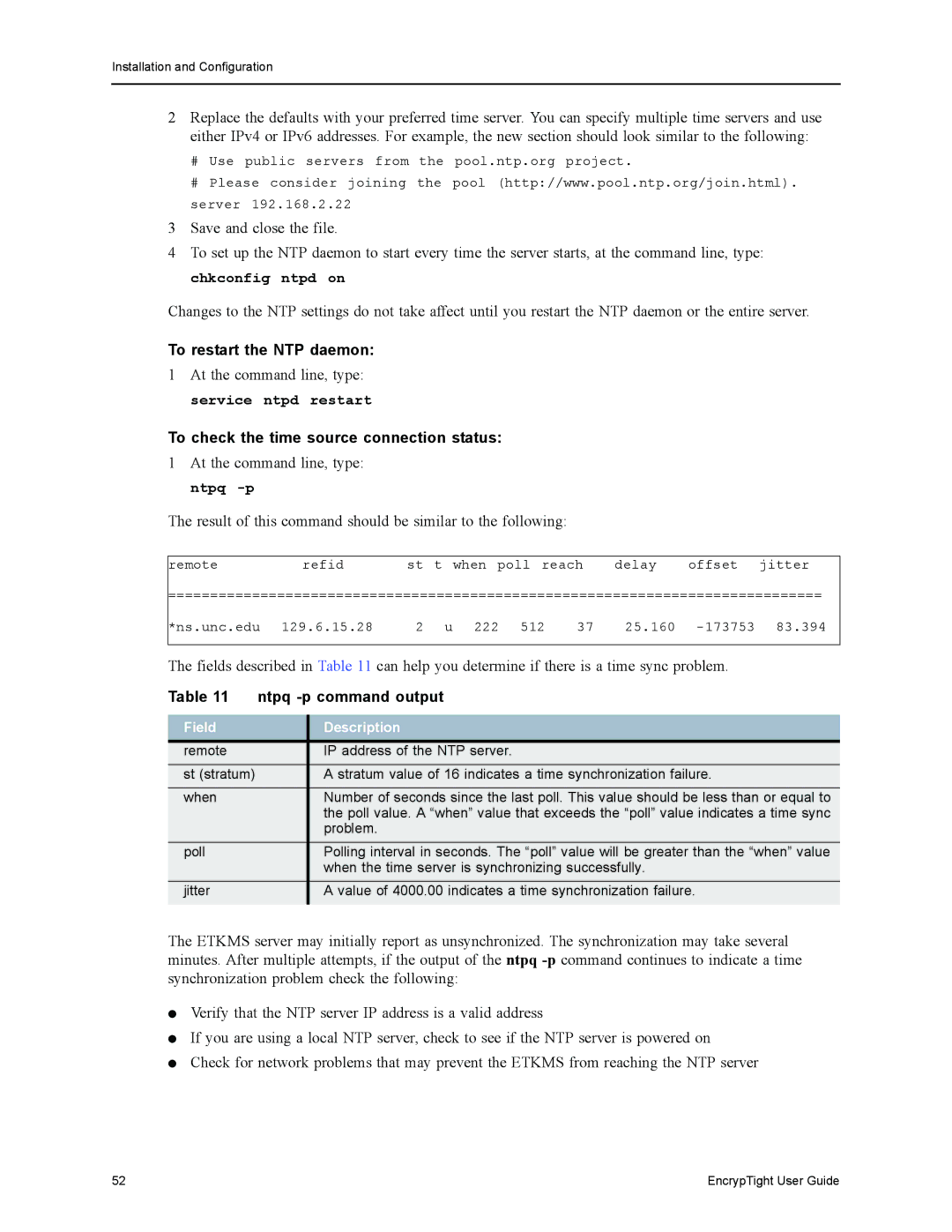 Black Box ET0100A, ET1000A To restart the NTP daemon, To check the time source connection status, Ntpq -p command output 