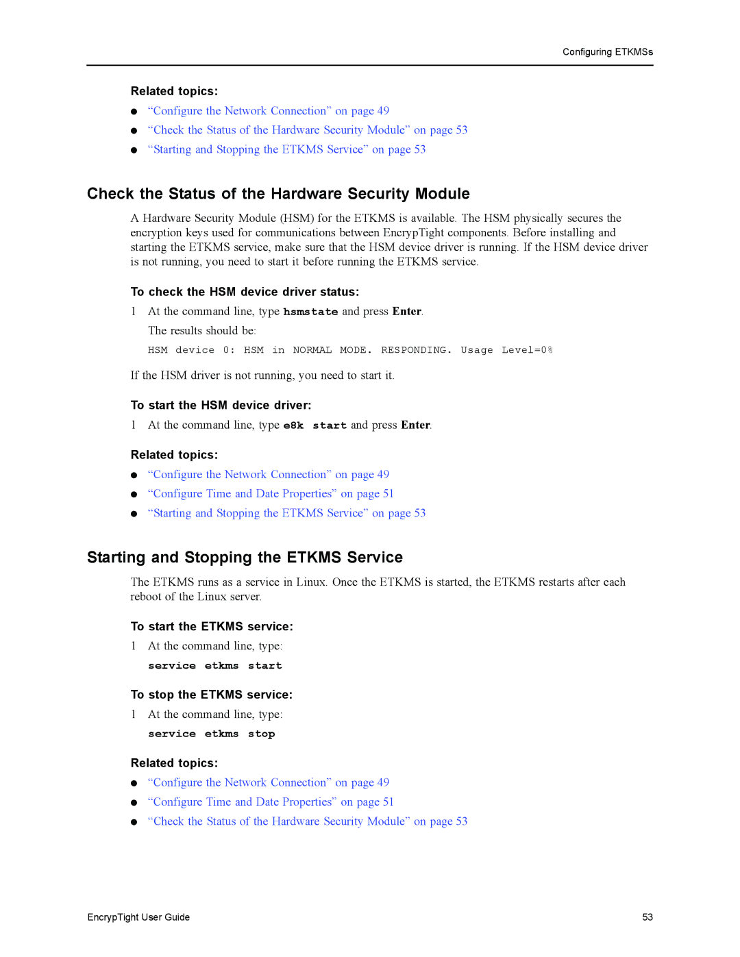 Black Box ET1000A, ET0010A manual Check the Status of the Hardware Security Module, Starting and Stopping the Etkms Service 