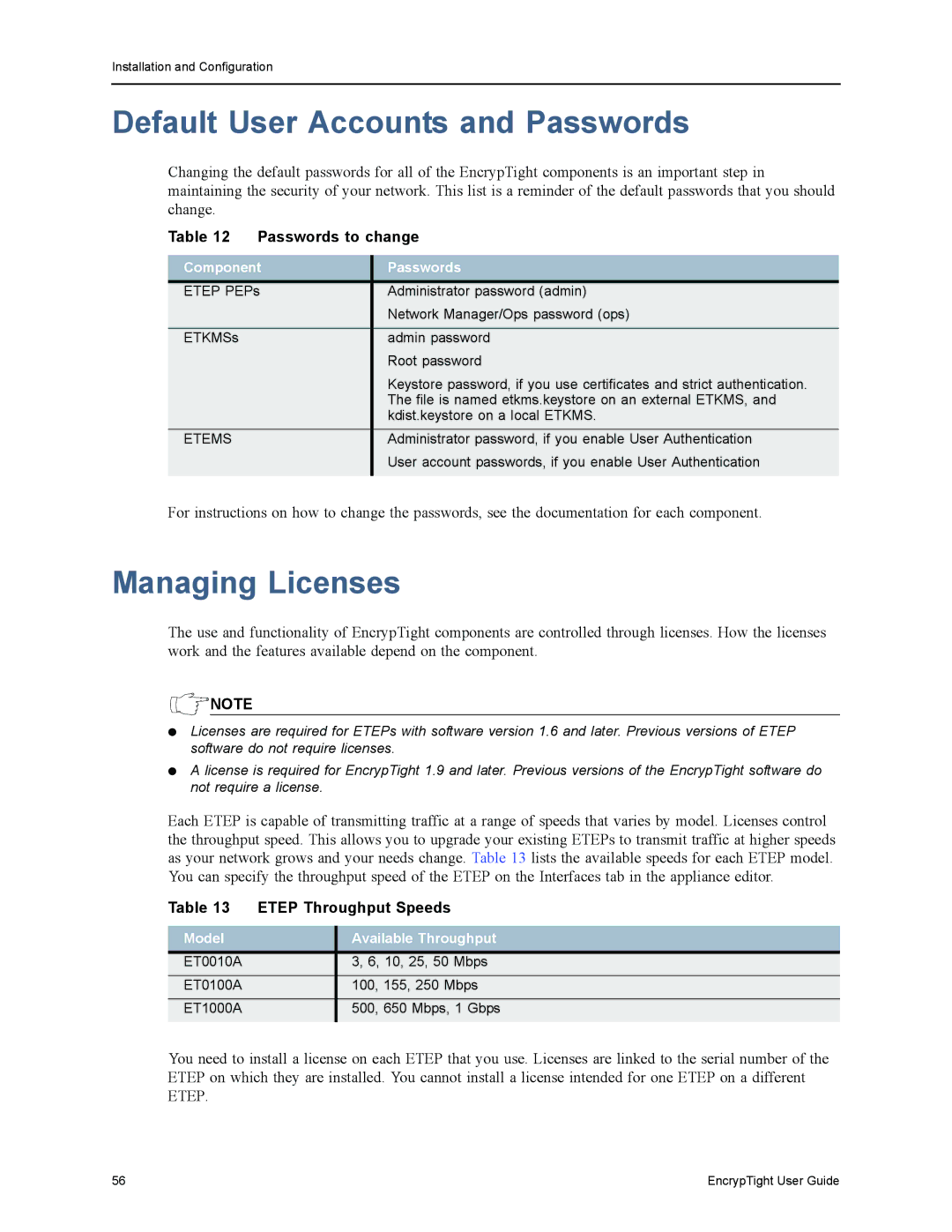 Black Box ET0100A Default User Accounts and Passwords, Managing Licenses, Passwords to change, Etep Throughput Speeds 