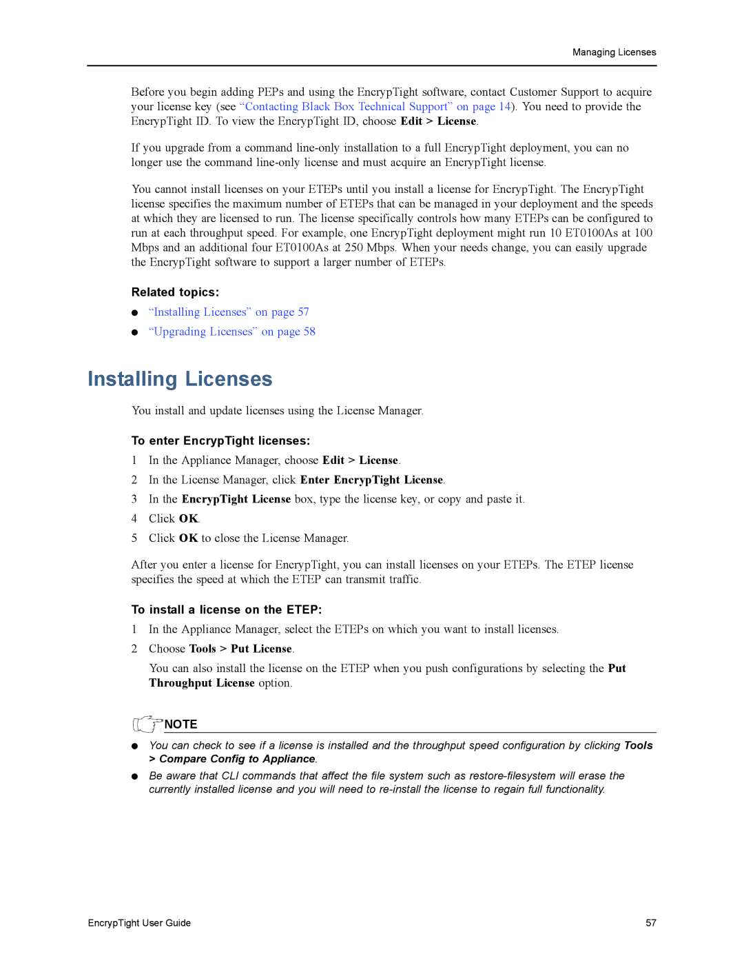 Black Box ET1000A, ET0010A, ET0100A Installing Licenses, To enter EncrypTight licenses, To install a license on the Etep 