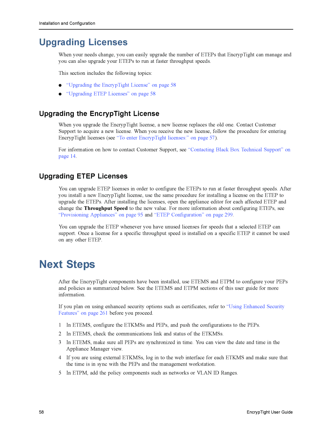 Black Box ET0010A, ET1000A manual Next Steps, Upgrading Licenses, Upgrading the EncrypTight License, Upgrading Etep Licenses 