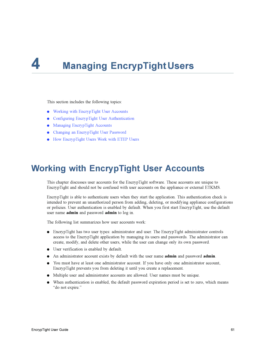 Black Box ET1000A, ET0010A, ET0100A manual Managing EncrypTight Users, Working with EncrypTight User Accounts 