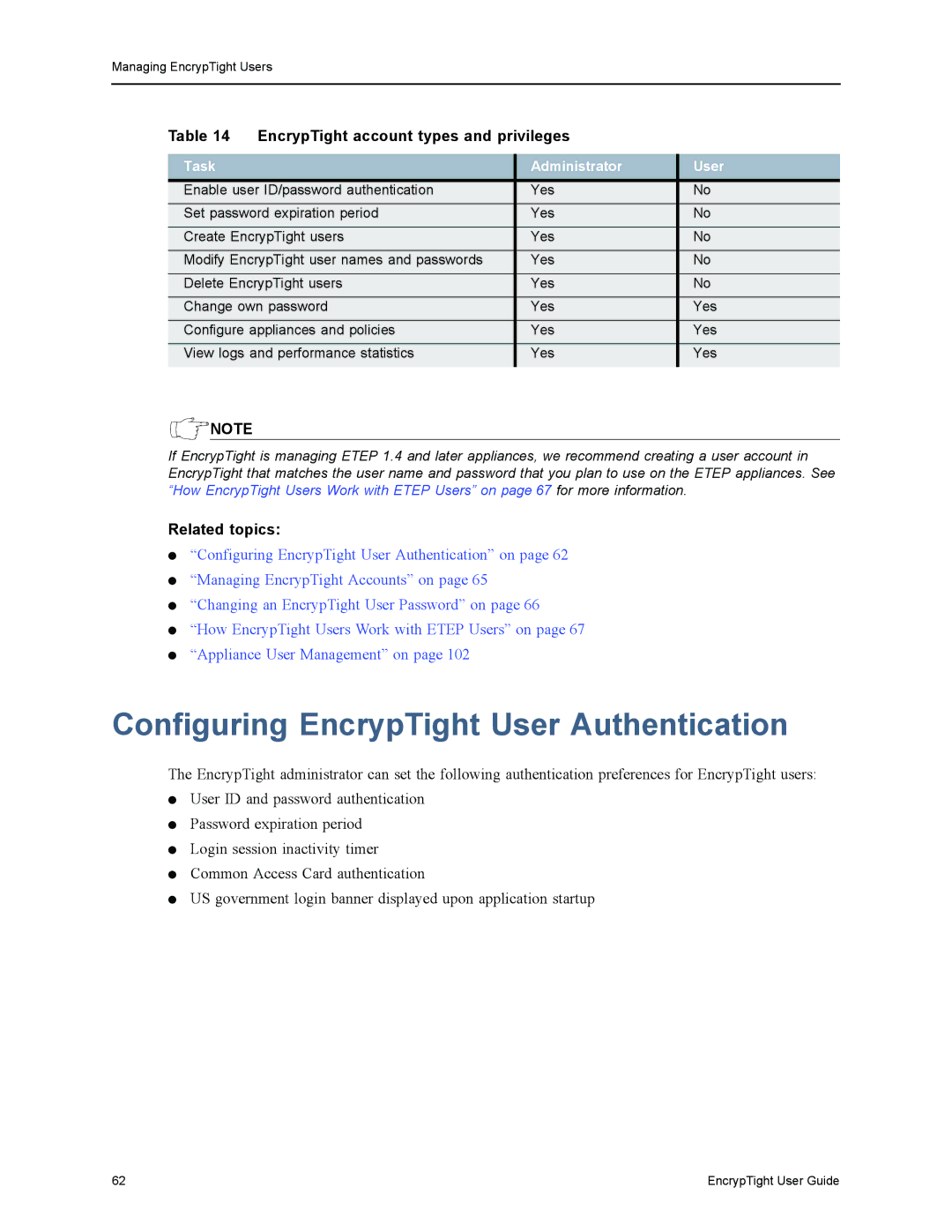 Black Box ET0010A, ET1000A, ET0100A Configuring EncrypTight User Authentication, EncrypTight account types and privileges 