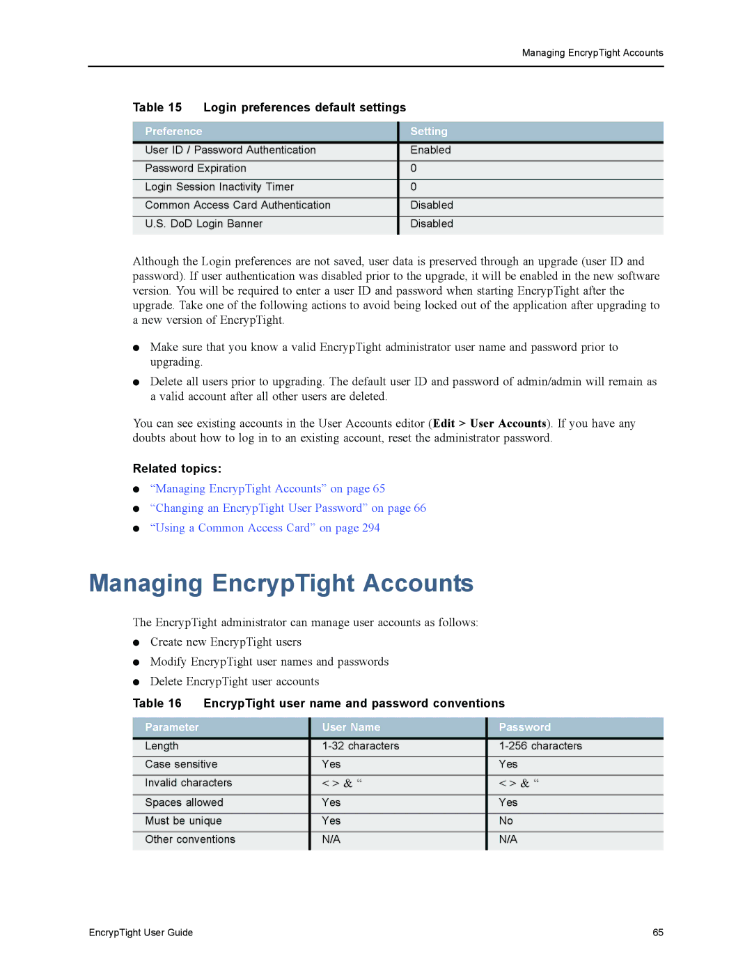 Black Box ET1000A, ET0010A, ET0100A Managing EncrypTight Accounts, Login preferences default settings, Preference Setting 