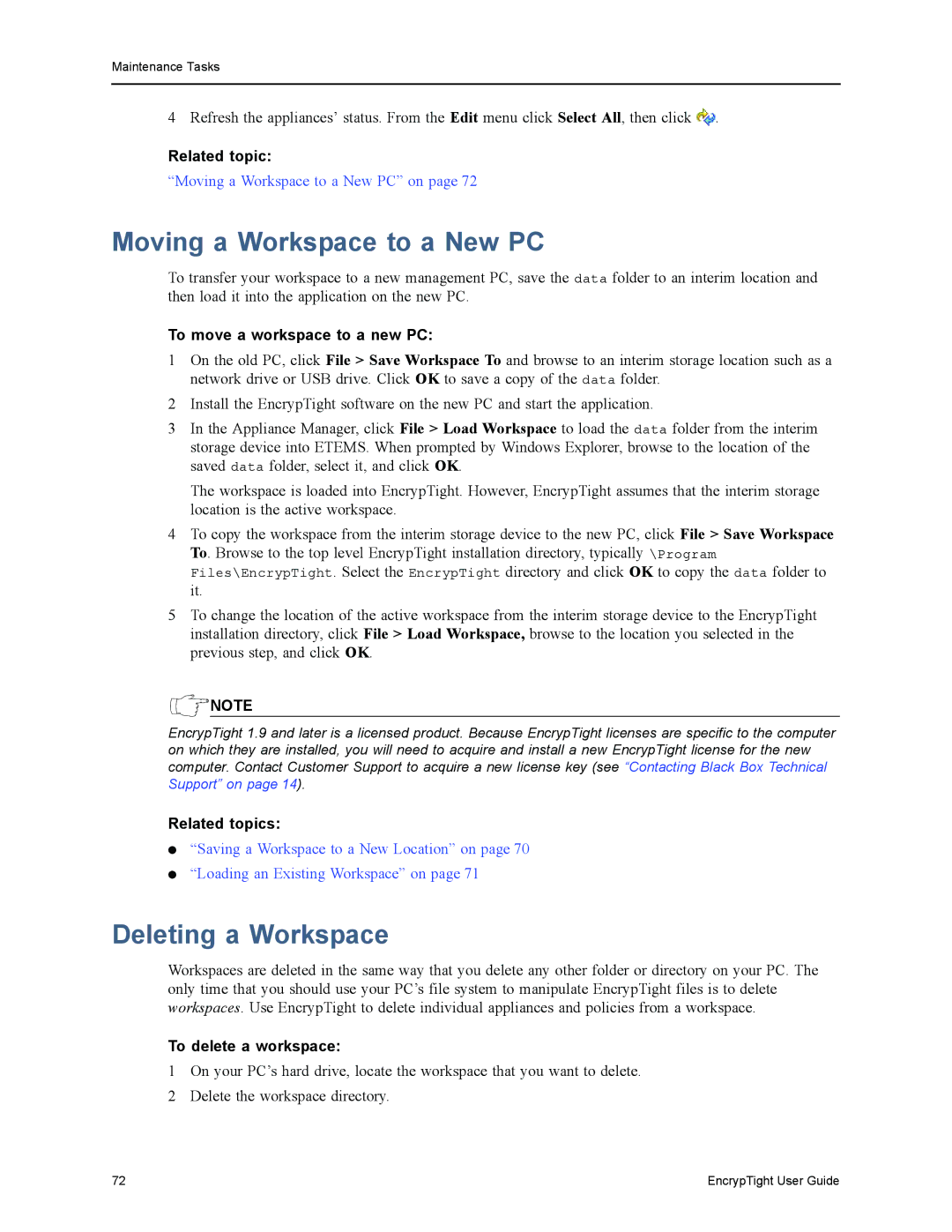 Black Box ET0100A, ET1000A, ET0010A Moving a Workspace to a New PC, Deleting a Workspace, To move a workspace to a new PC 