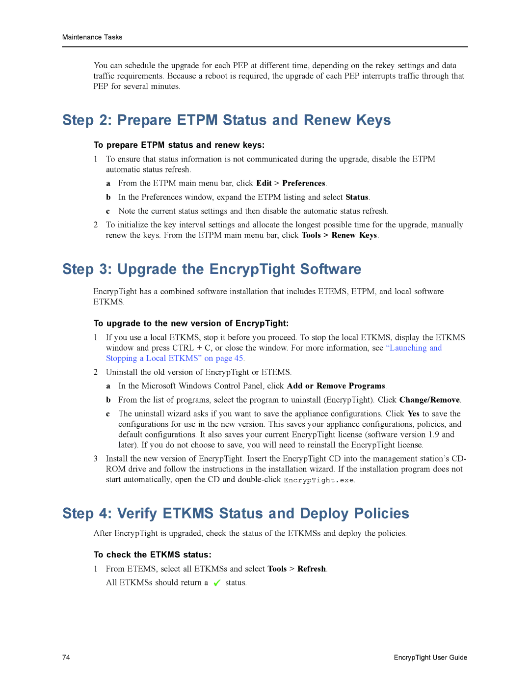 Black Box ET0010A, ET1000A, ET0100A manual Prepare Etpm Status and Renew Keys, Upgrade the EncrypTight Software 