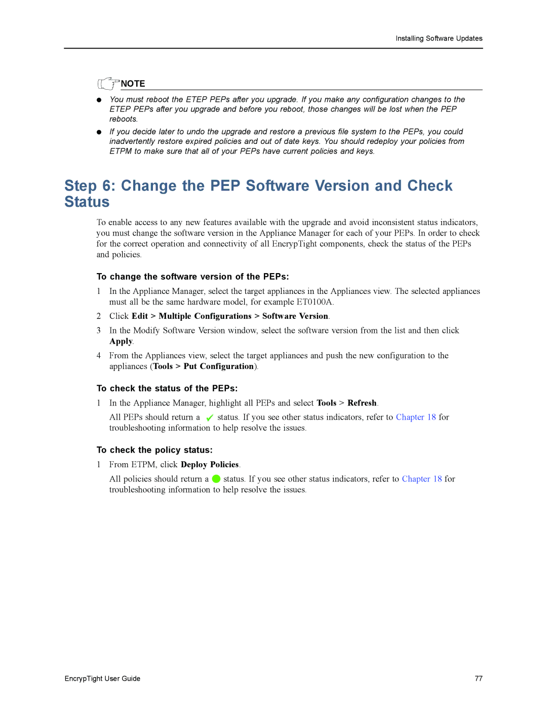 Black Box ET1000A, ET0010A Change the PEP Software Version and Check Status, To change the software version of the PEPs 