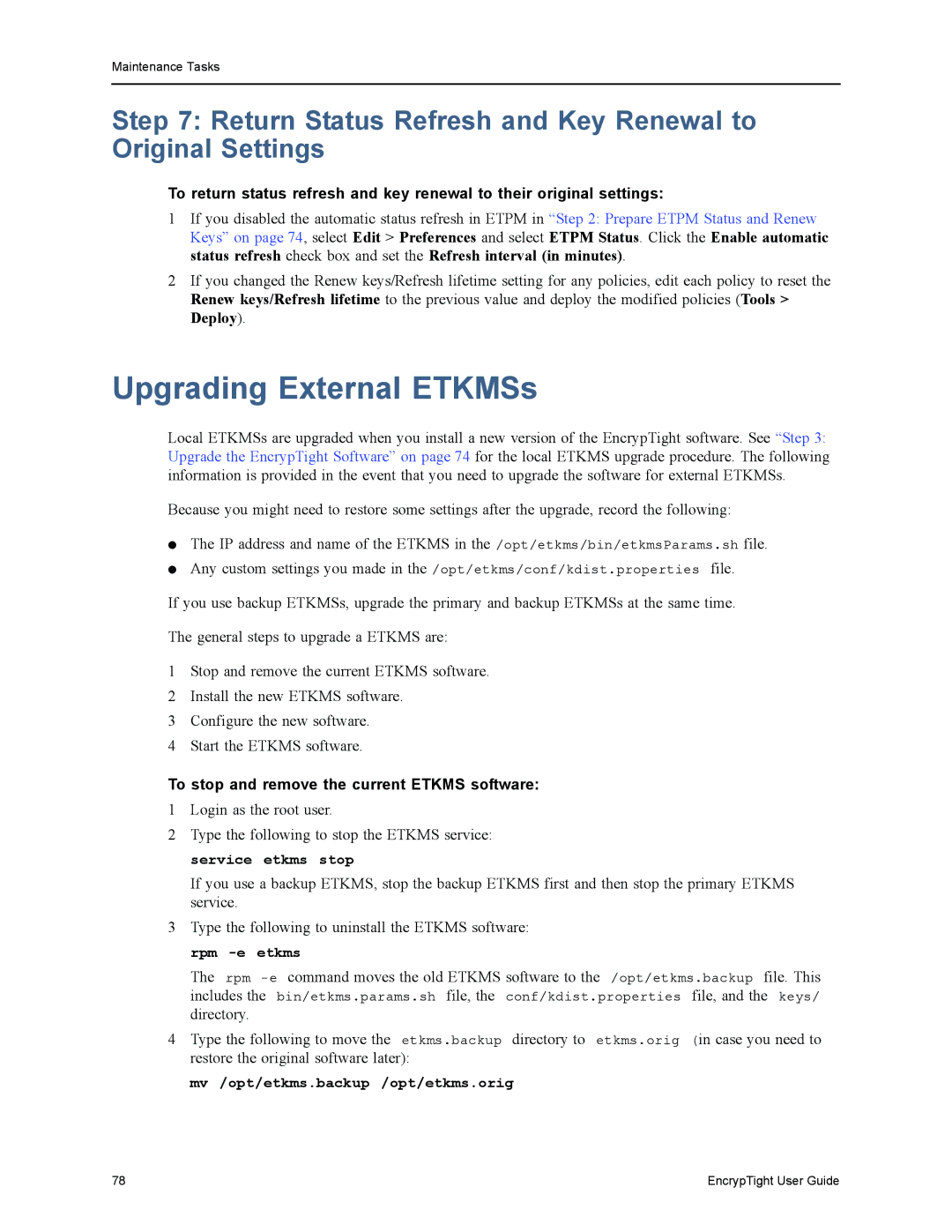 Black Box ET0010A, ET1000A, ET0100A Upgrading External ETKMSs, Return Status Refresh and Key Renewal to Original Settings 