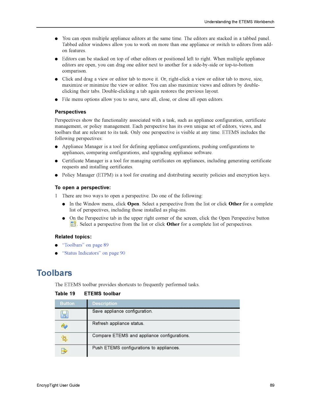 Black Box ET1000A, ET0010A, EncrypTight Toolbars, Perspectives, To open a perspective, Etems toolbar, Button Description 