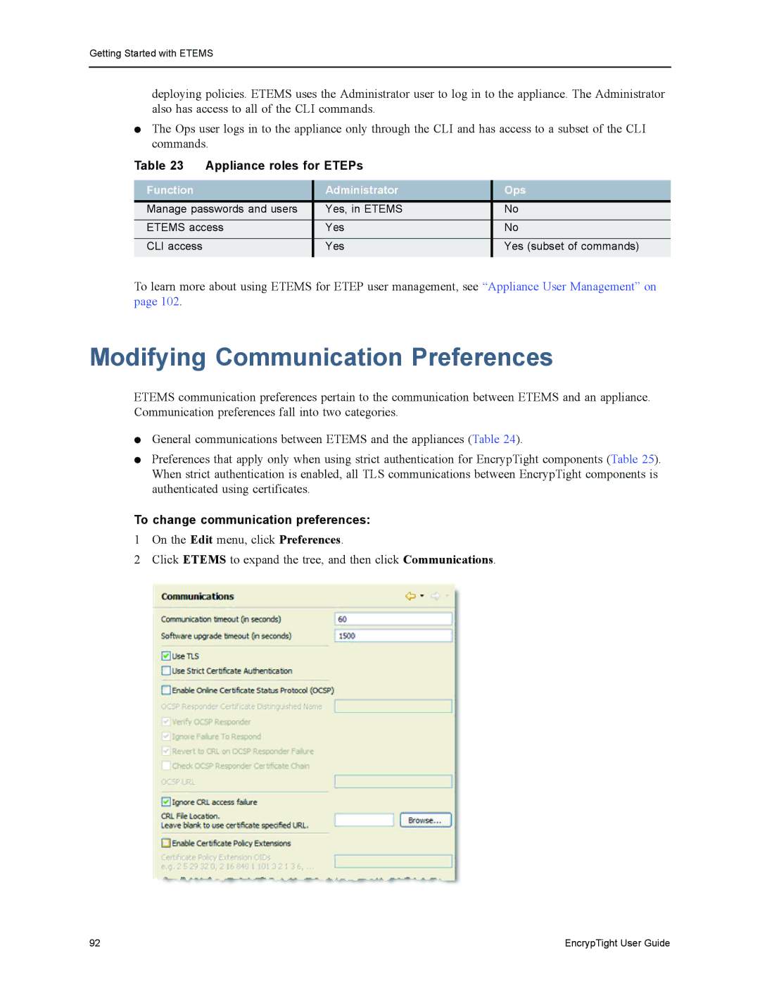 Black Box ET0100A Modifying Communication Preferences, Appliance roles for ETEPs, To change communication preferences 