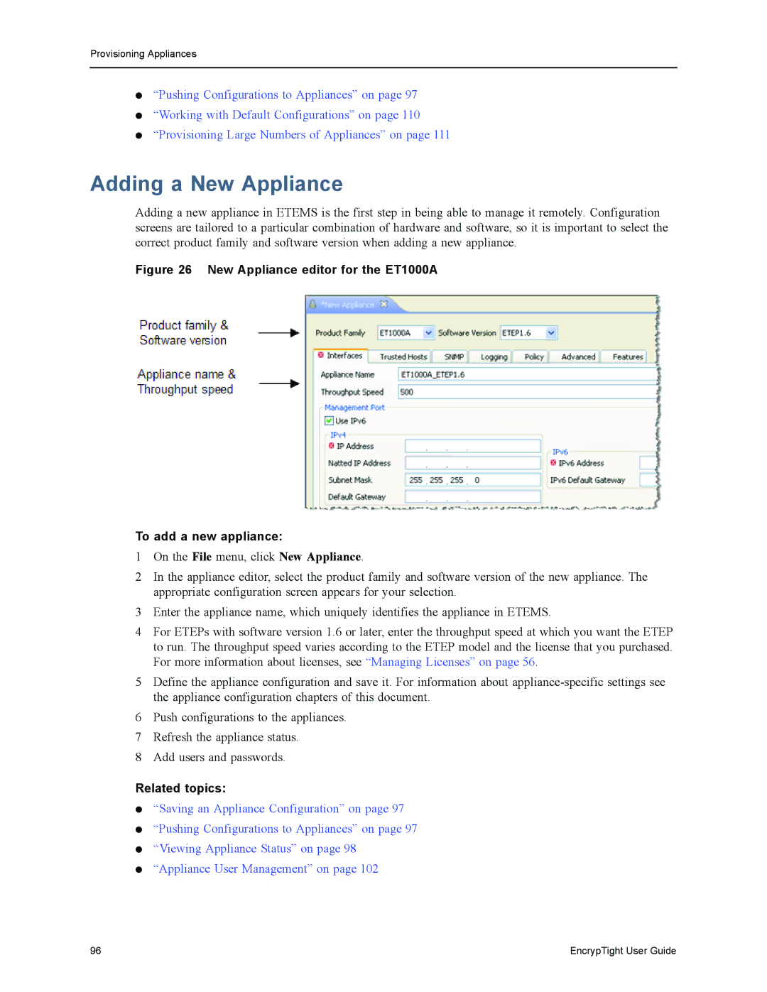 Black Box ET0100A, ET0010A, EncrypTight Adding a New Appliance, New Appliance editor for the ET1000A To add a new appliance 