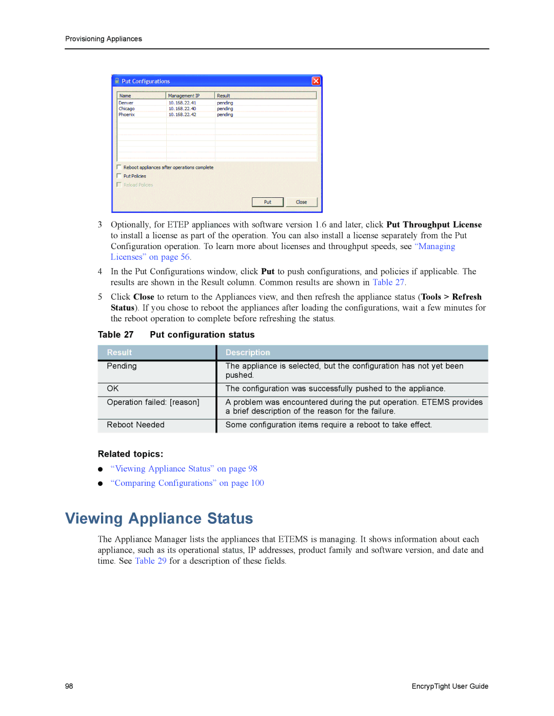 Black Box ET0010A, ET1000A, EncrypTight, ET0100A manual Viewing Appliance Status, Put configuration status, Result Description 