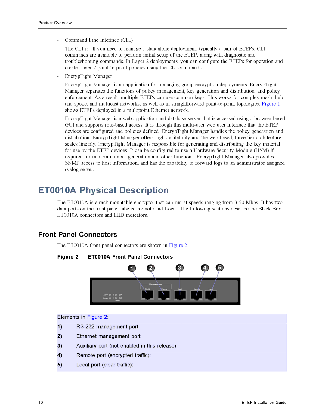 Black Box ET1000A, ET0100A, ET10000A manual ET0010A Physical Description, Front Panel Connectors 