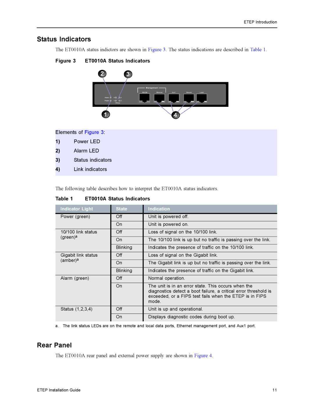 Black Box ET0010A, ET1000A, ET0100A, ET10000A manual Status Indicators, Rear Panel, Indicator Light State Indication 