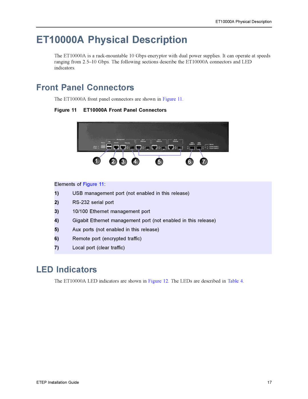 Black Box ET0100A, ET1000A, ET0010A manual ET10000A Physical Description, ET10000A Front Panel Connectors 