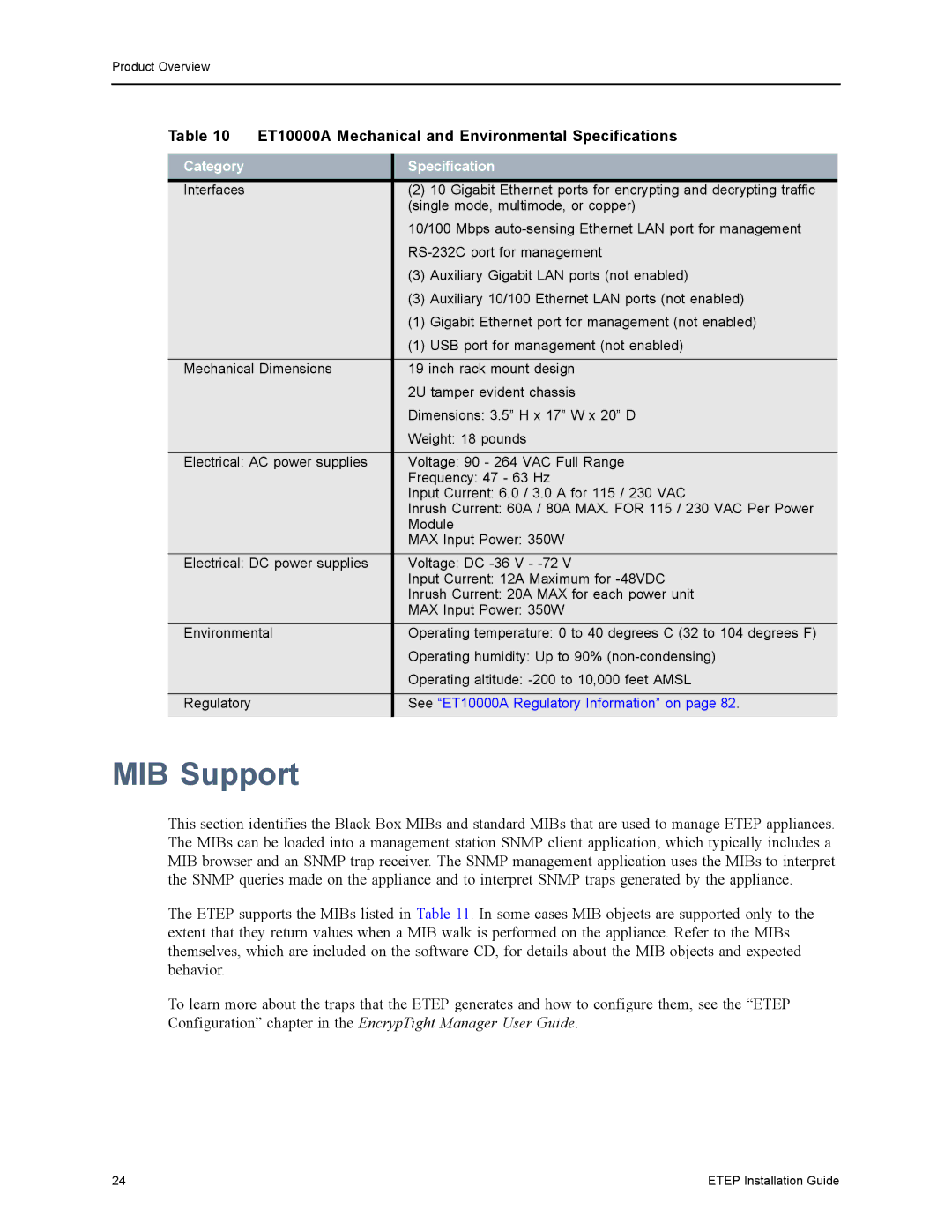 Black Box EncrypTight Enforcement Point (ETEP), ET1000A MIB Support, ET10000A Mechanical and Environmental Specifications 