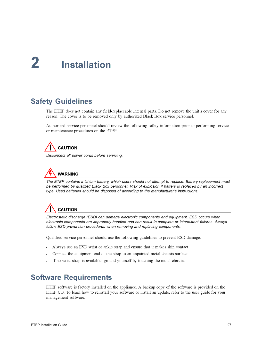 Black Box ET0100A, ET1000A, ET0010A, ET10000A, EncrypTight Enforcement Point (ETEP) Safety Guidelines, Software Requirements 