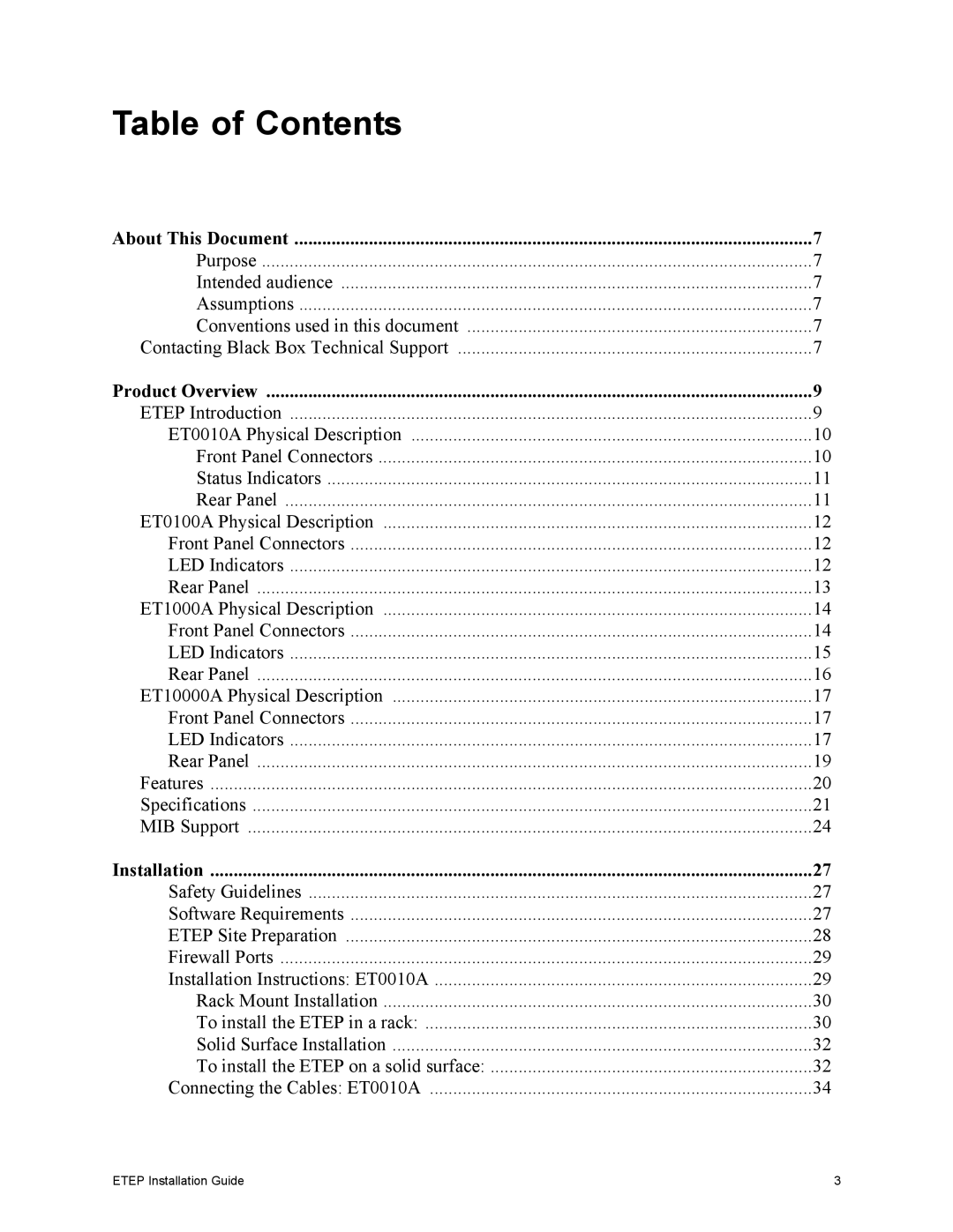 Black Box ET10000A, ET1000A, ET0010A, ET0100A, EncrypTight Enforcement Point (ETEP) manual Table of Contents 