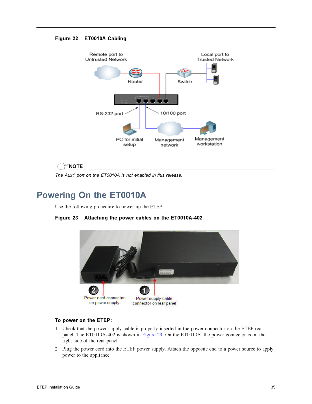 Black Box ET1000A, ET0100A, ET10000A, EncrypTight Enforcement Point (ETEP) manual Powering On the ET0010A, ET0010A Cabling 