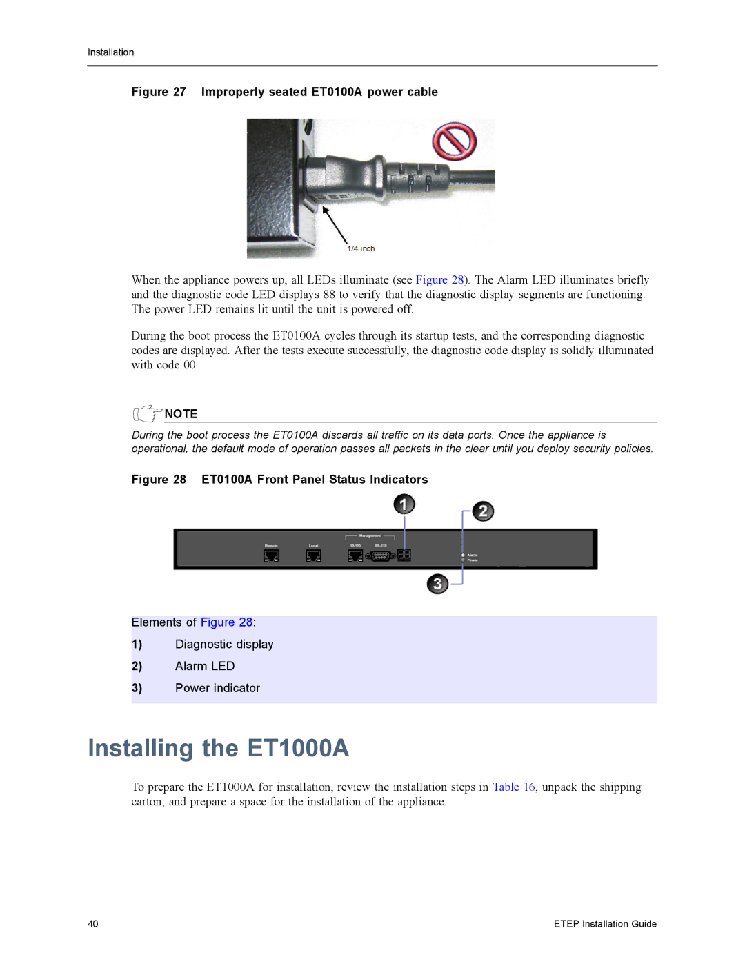 Black Box ET0010A, ET10000A manual Installing the ET1000A, Improperly seated ET0100A power cable 