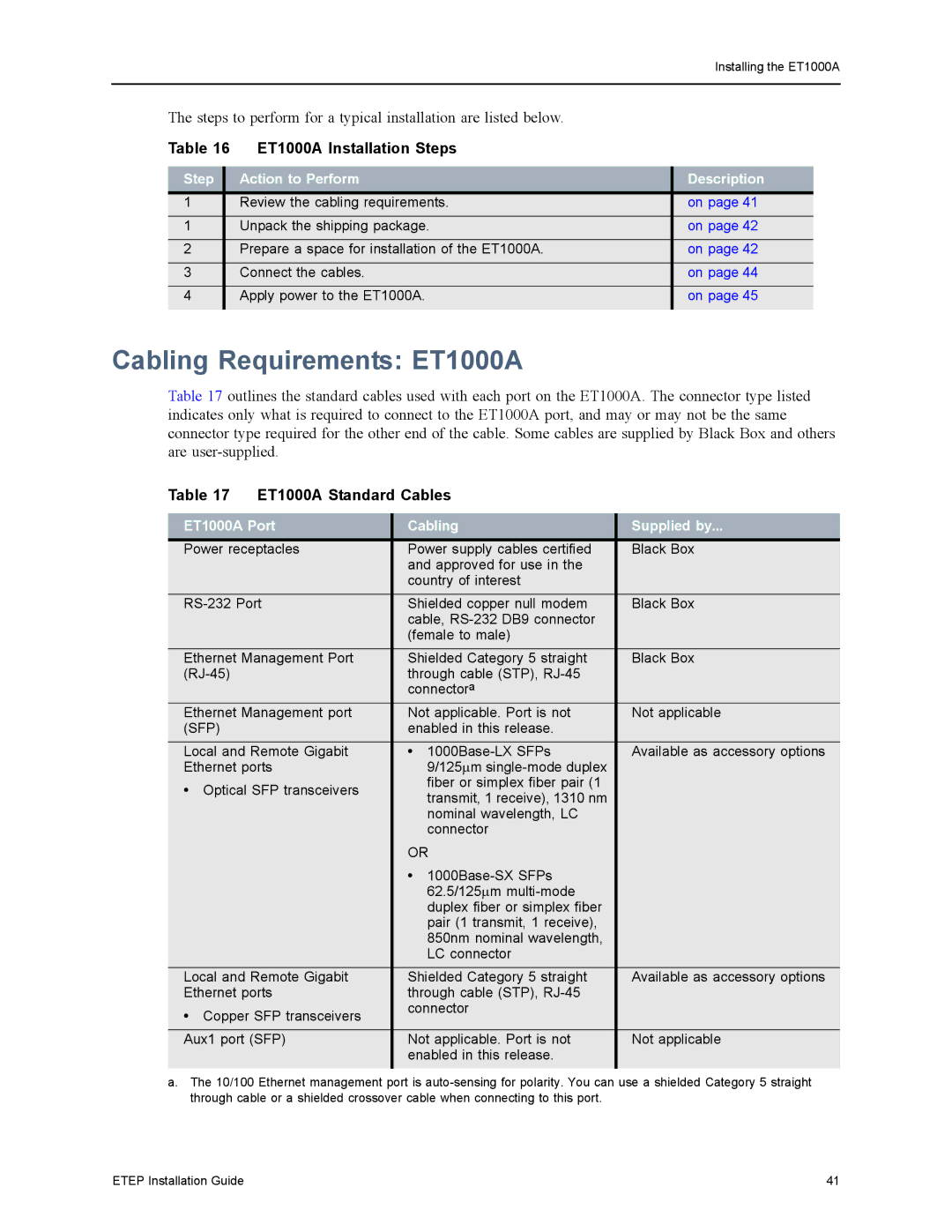 Black Box ET0010A, ET0100A, ET10000A manual Cabling Requirements ET1000A, ET1000A Installation Steps, ET1000A Standard Cables 