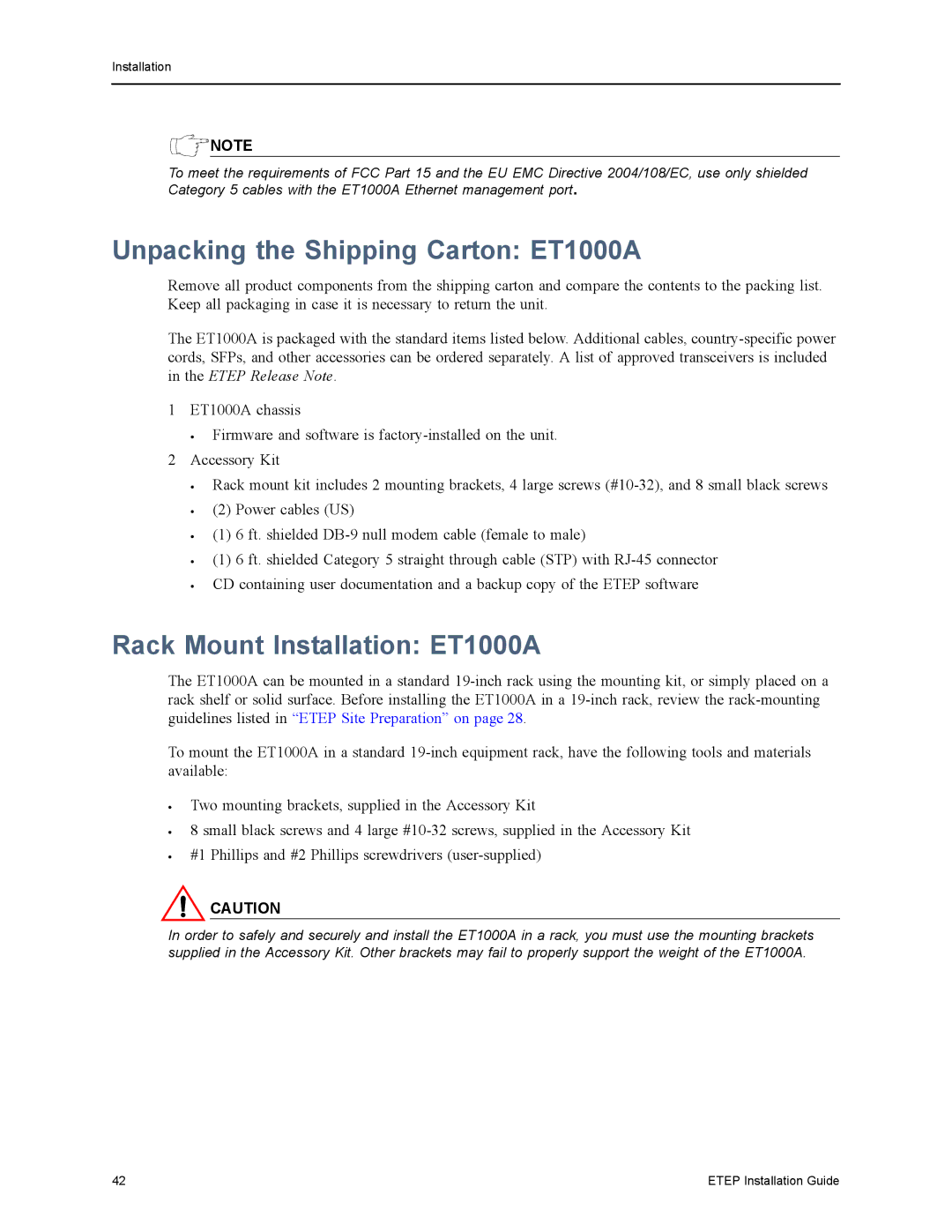 Black Box ET0100A, ET0010A, ET10000A manual Unpacking the Shipping Carton ET1000A, Rack Mount Installation ET1000A 