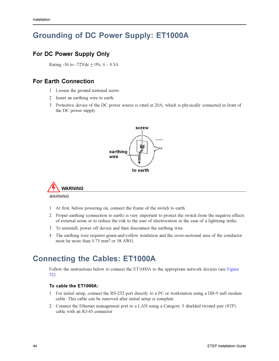 Black Box EncrypTight Enforcement Point (ETEP) manual Grounding of DC Power Supply ET1000A, Connecting the Cables ET1000A 