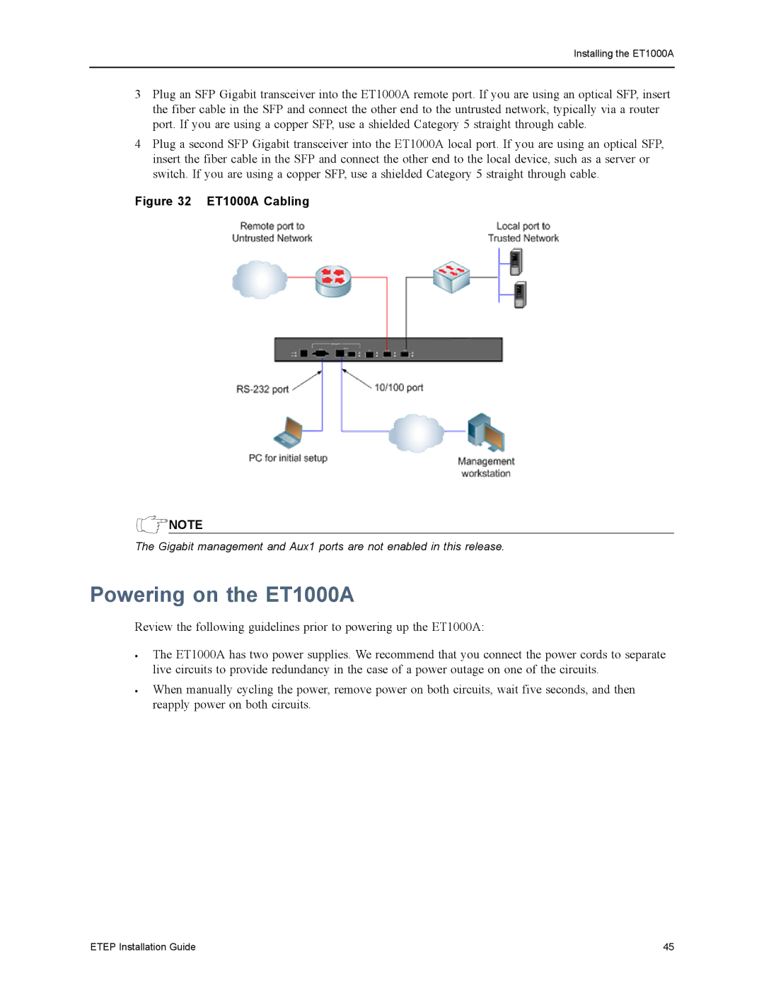 Black Box ET0010A, ET0100A, ET10000A, EncrypTight Enforcement Point (ETEP) manual Powering on the ET1000A, ET1000A Cabling 