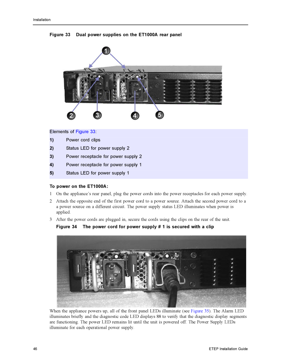 Black Box ET0010A, ET0100A, ET10000A manual Dual power supplies on the ET1000A rear panel, To power on the ET1000A 