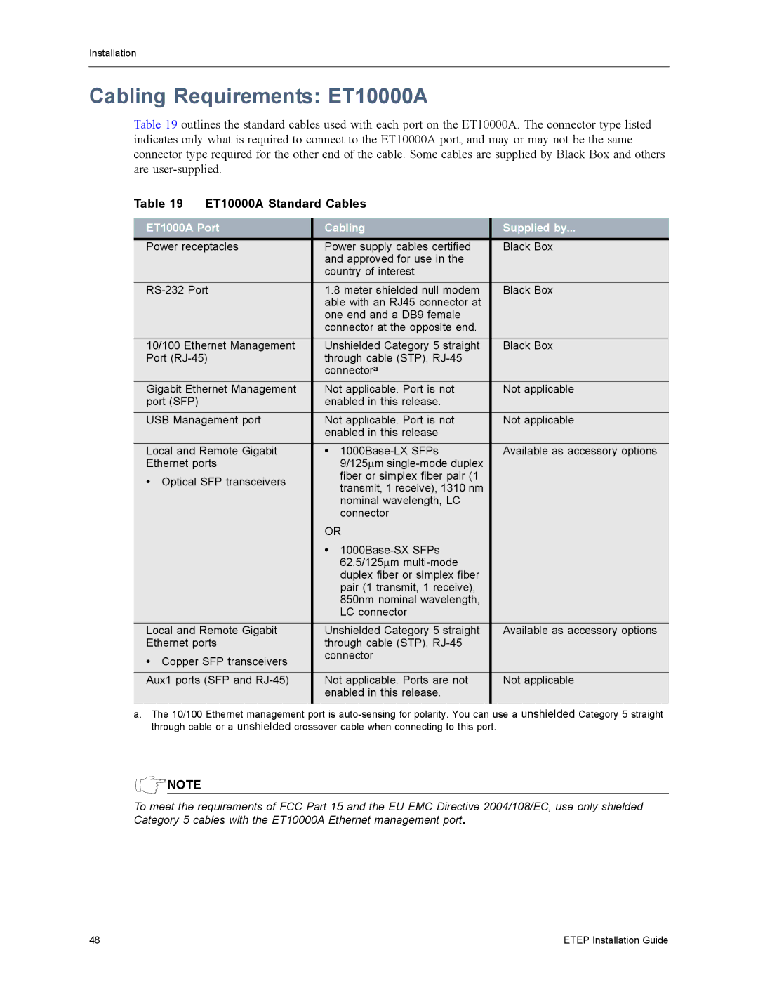 Black Box ET1000A, ET0010A, ET0100A manual Cabling Requirements ET10000A, ET10000A Standard Cables 