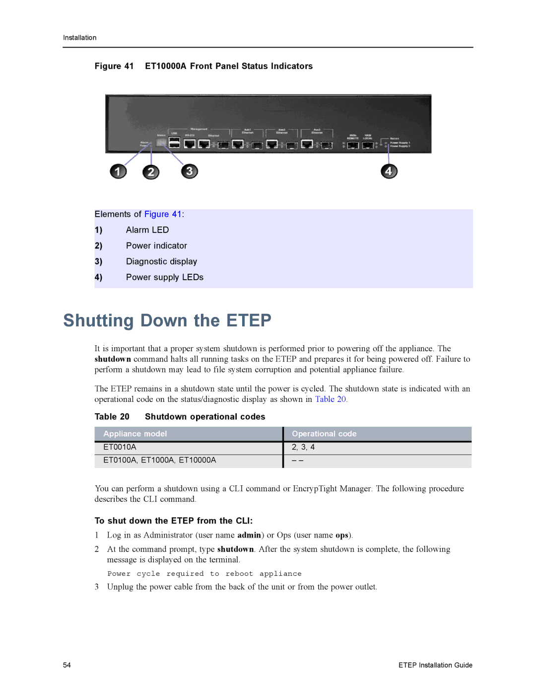 Black Box EncrypTight Enforcement Point (ETEP), ET1000A, ET0010A, ET0100A Shutting Down the Etep, Shutdown operational codes 