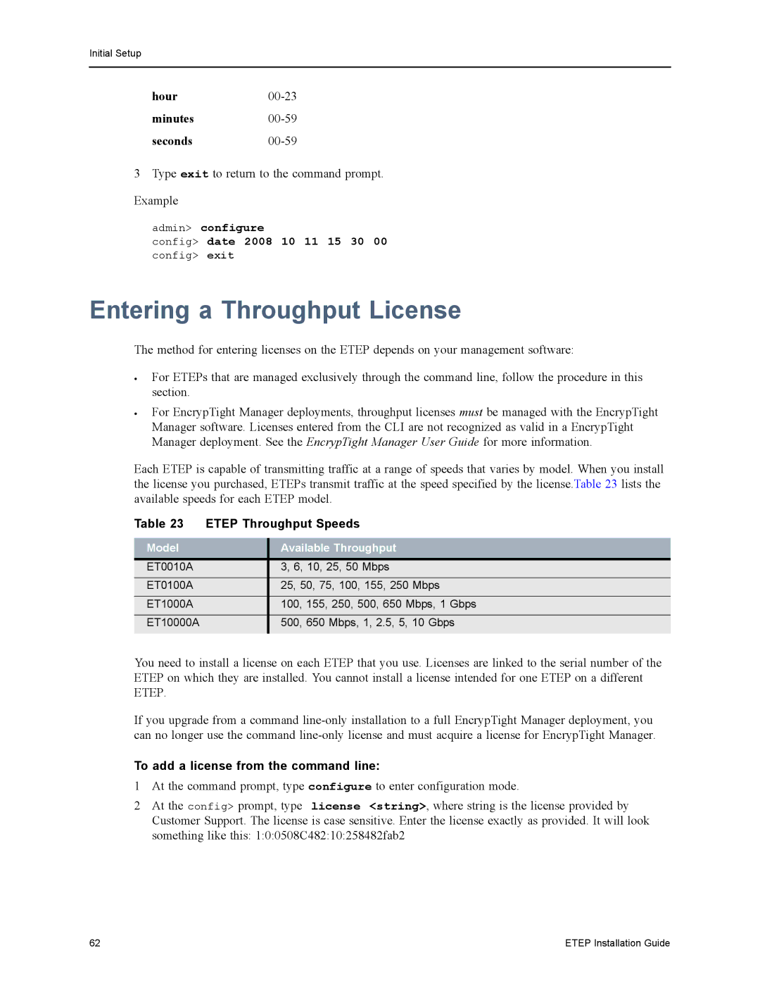 Black Box ET0100A, ET1000A Entering a Throughput License, Etep Throughput Speeds, To add a license from the command line 