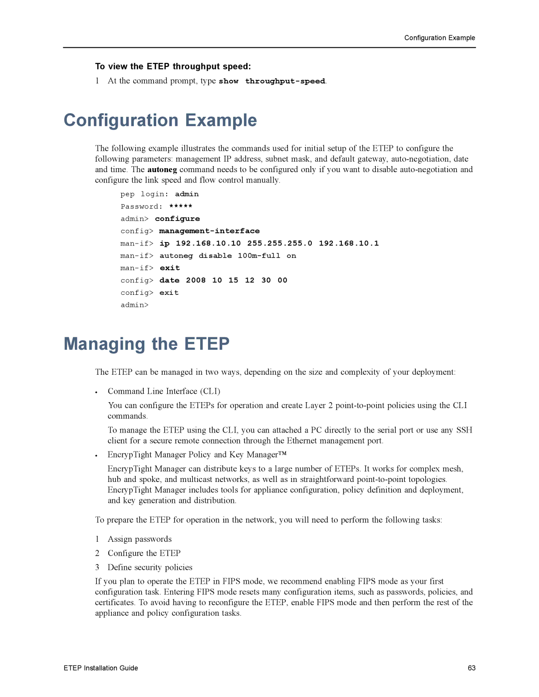 Black Box ET10000A, ET1000A, ET0010A, ET0100A Configuration Example, Managing the Etep, To view the Etep throughput speed 