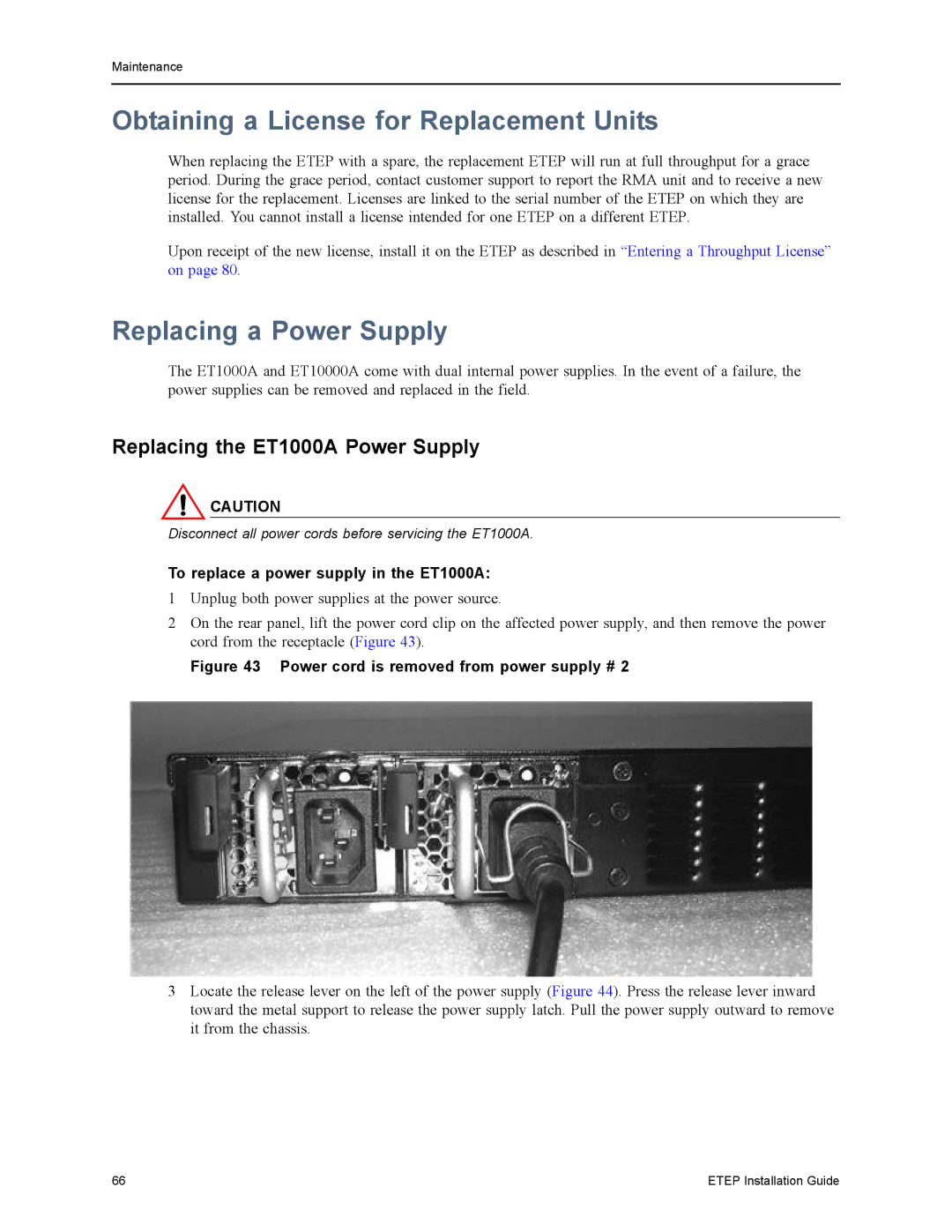 Black Box ET0010A Obtaining a License for Replacement Units, Replacing a Power Supply, Replacing the ET1000A Power Supply 