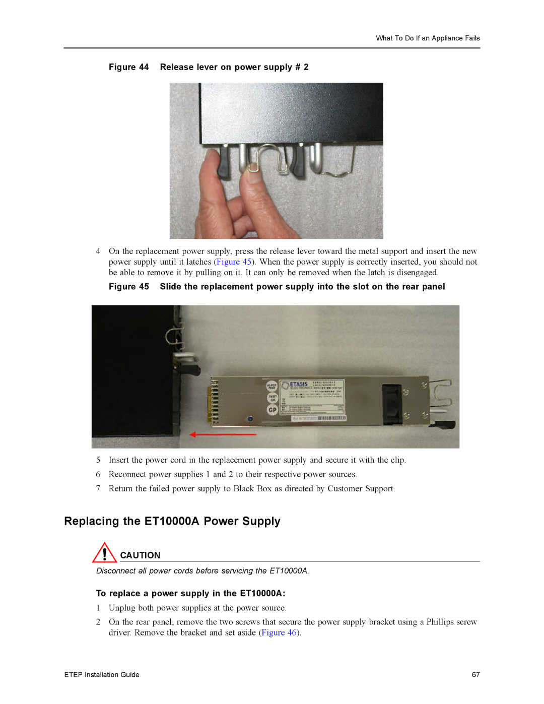 Black Box ET0100A, ET1000A, ET0010A manual Replacing the ET10000A Power Supply, To replace a power supply in the ET10000A 