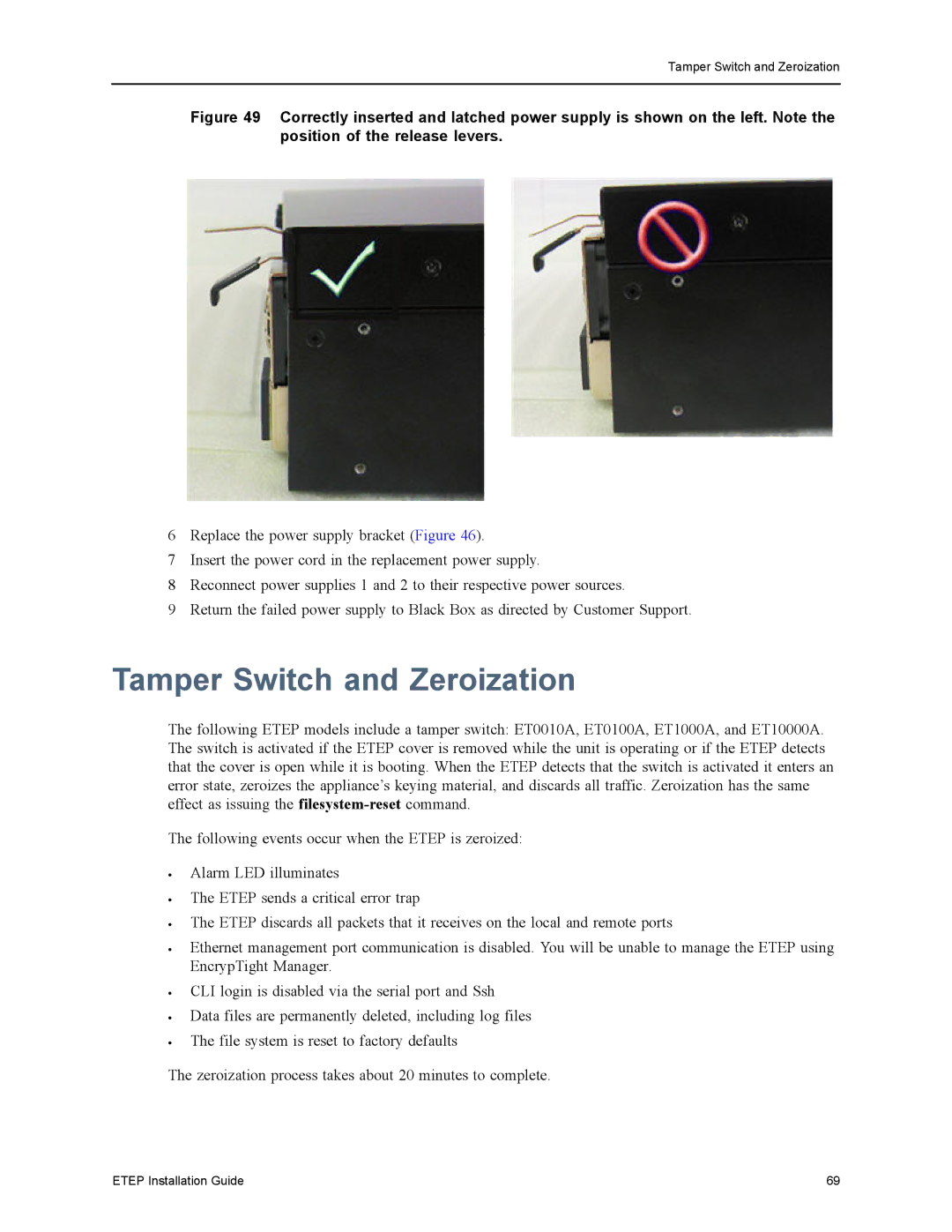 Black Box EncrypTight Enforcement Point (ETEP), ET1000A, ET0010A, ET0100A, ET10000A manual Tamper Switch and Zeroization 