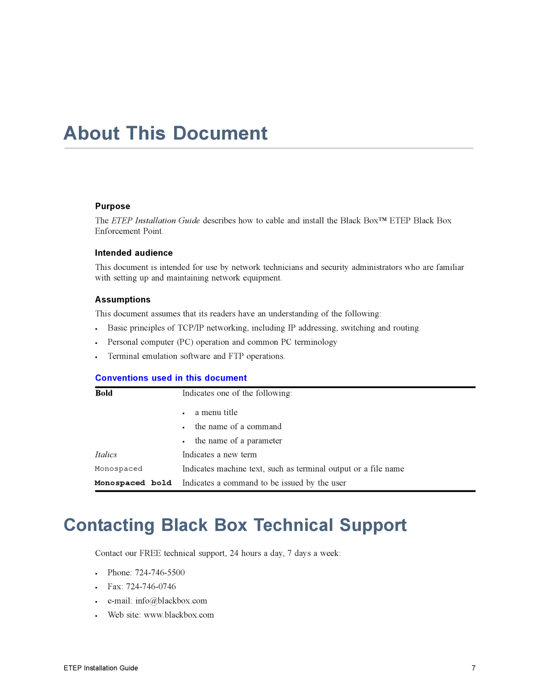 Black Box ET0100A, ET1000A, ET0010A manual Contacting Black Box Technical Support, Purpose, Intended audience, Assumptions 