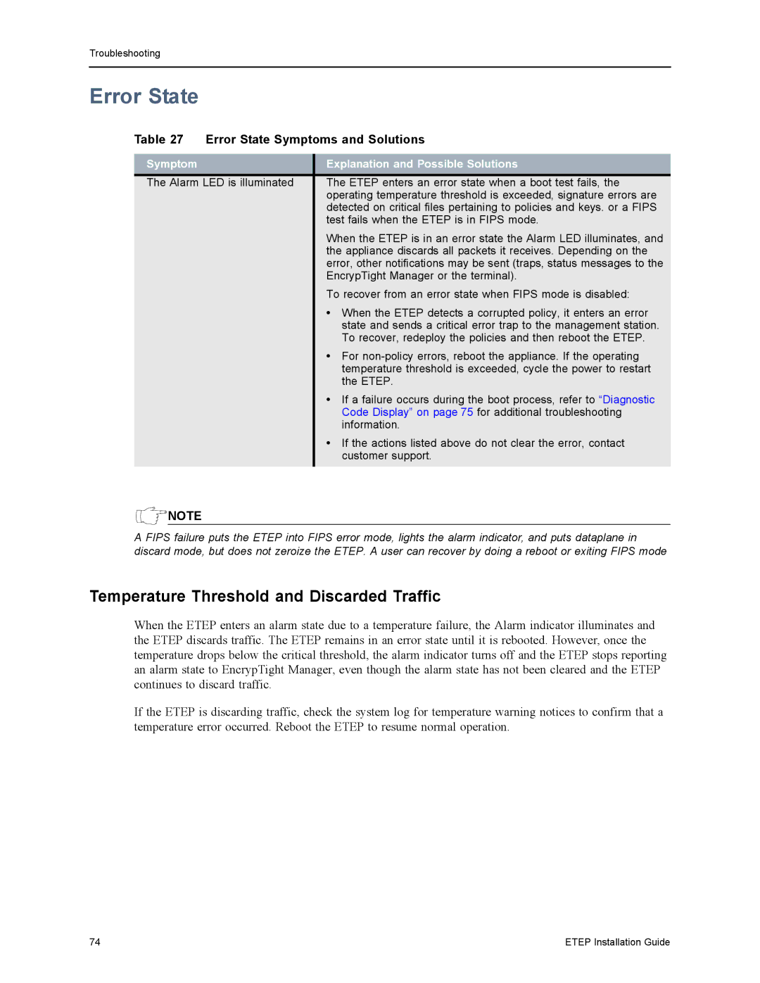 Black Box EncrypTight Enforcement Point (ETEP), ET1000A, ET0010A Error State, Temperature Threshold and Discarded Traffic 