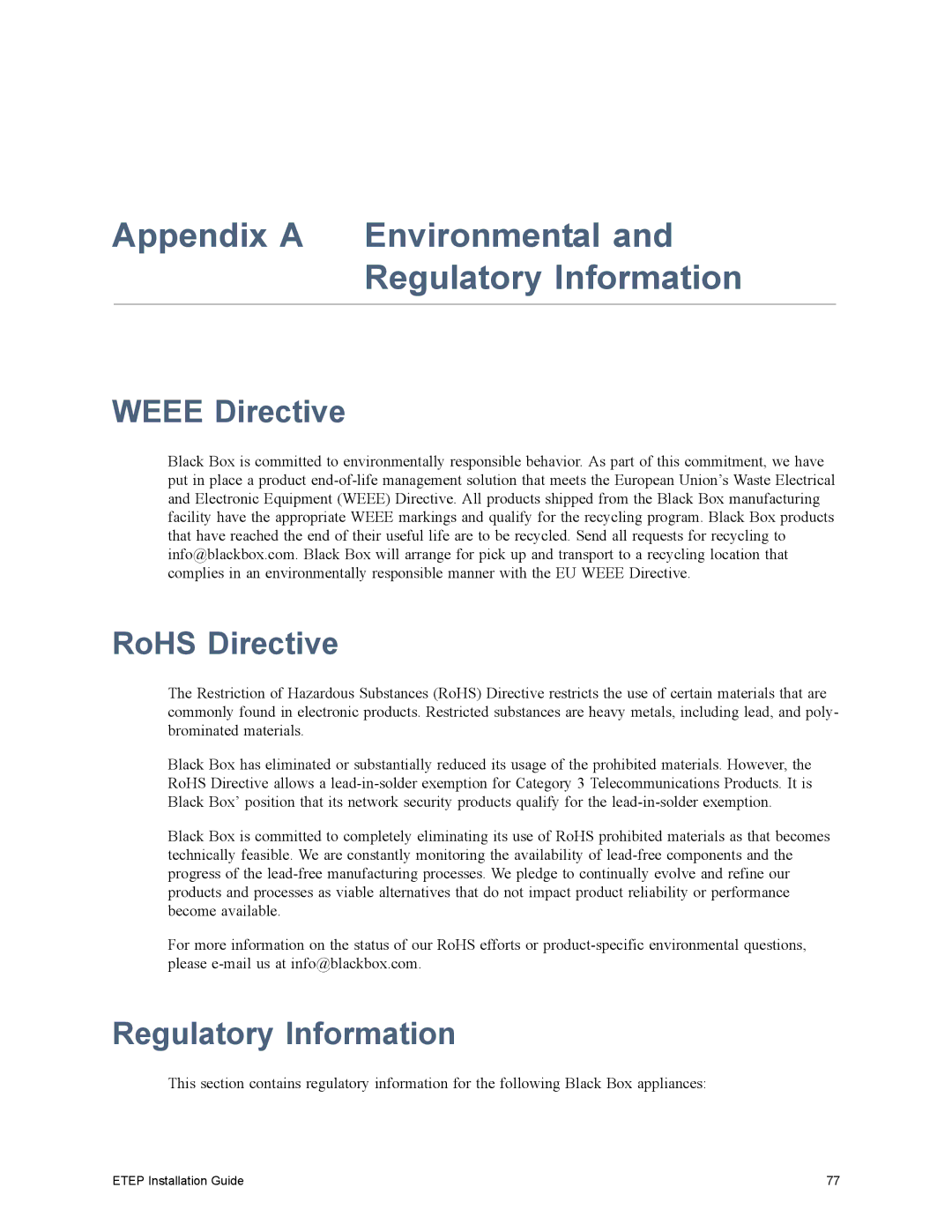 Black Box ET0100A, ET1000A, ET0010A, ET10000A manual Weee Directive, RoHS Directive, Regulatory Information 