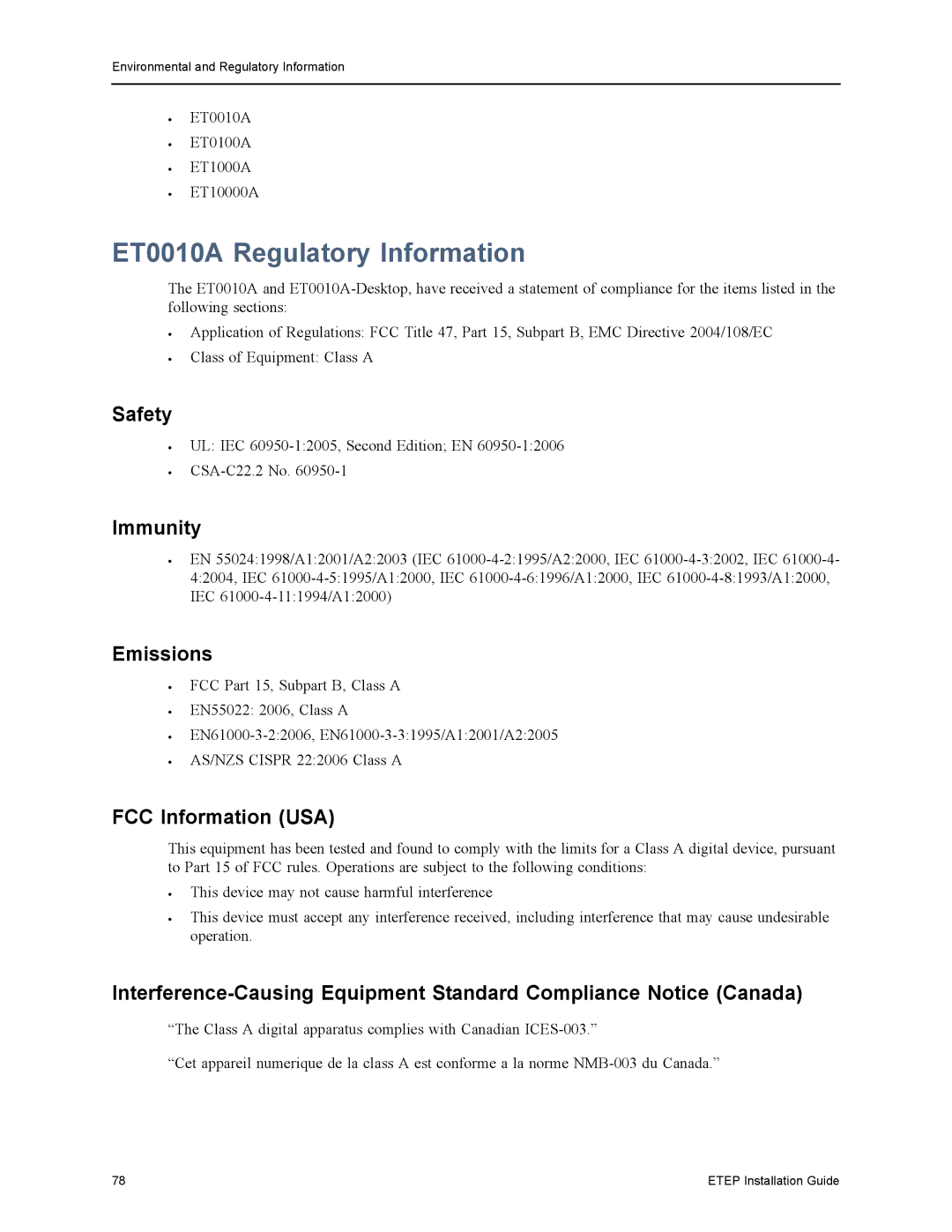 Black Box ET10000A, ET1000A, ET0100A manual ET0010A Regulatory Information, Safety, Immunity, Emissions, FCC Information USA 