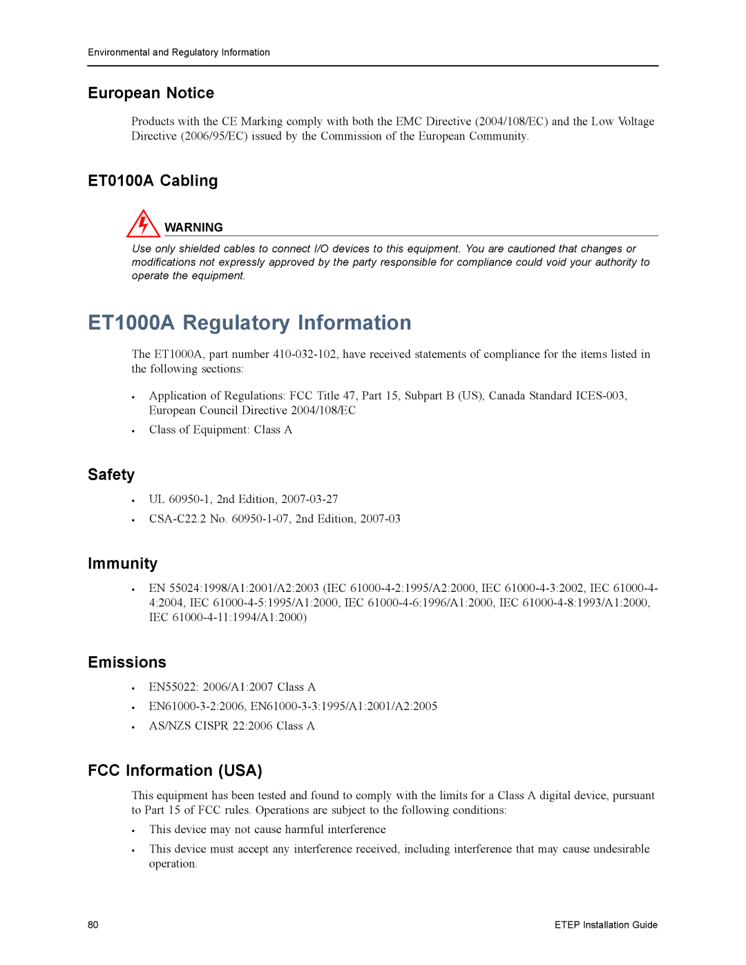 Black Box ET0010A, ET10000A, EncrypTight Enforcement Point (ETEP) manual ET1000A Regulatory Information, ET0100A Cabling 