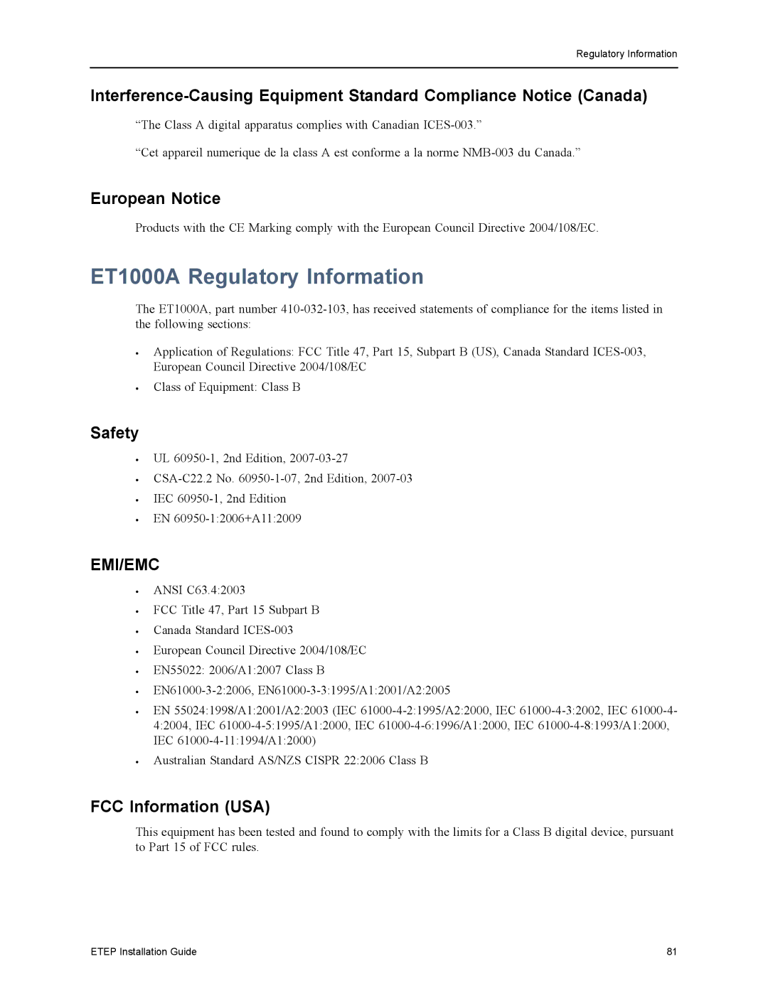 Black Box ET0010A, ET1000A, ET0100A, ET10000A, EncrypTight Enforcement Point (ETEP) manual Emi/Emc 