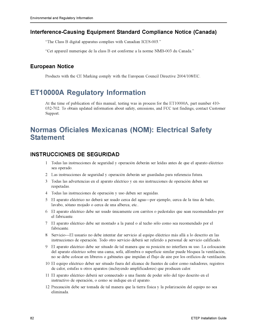 Black Box ET0100A, ET1000A ET10000A Regulatory Information, Normas Oficiales Mexicanas NOM Electrical Safety Statement 