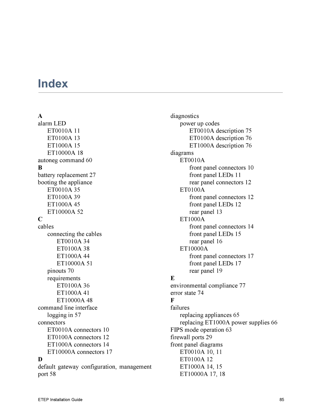 Black Box ET1000A, ET0010A, ET0100A, ET10000A, EncrypTight Enforcement Point (ETEP) manual Index 