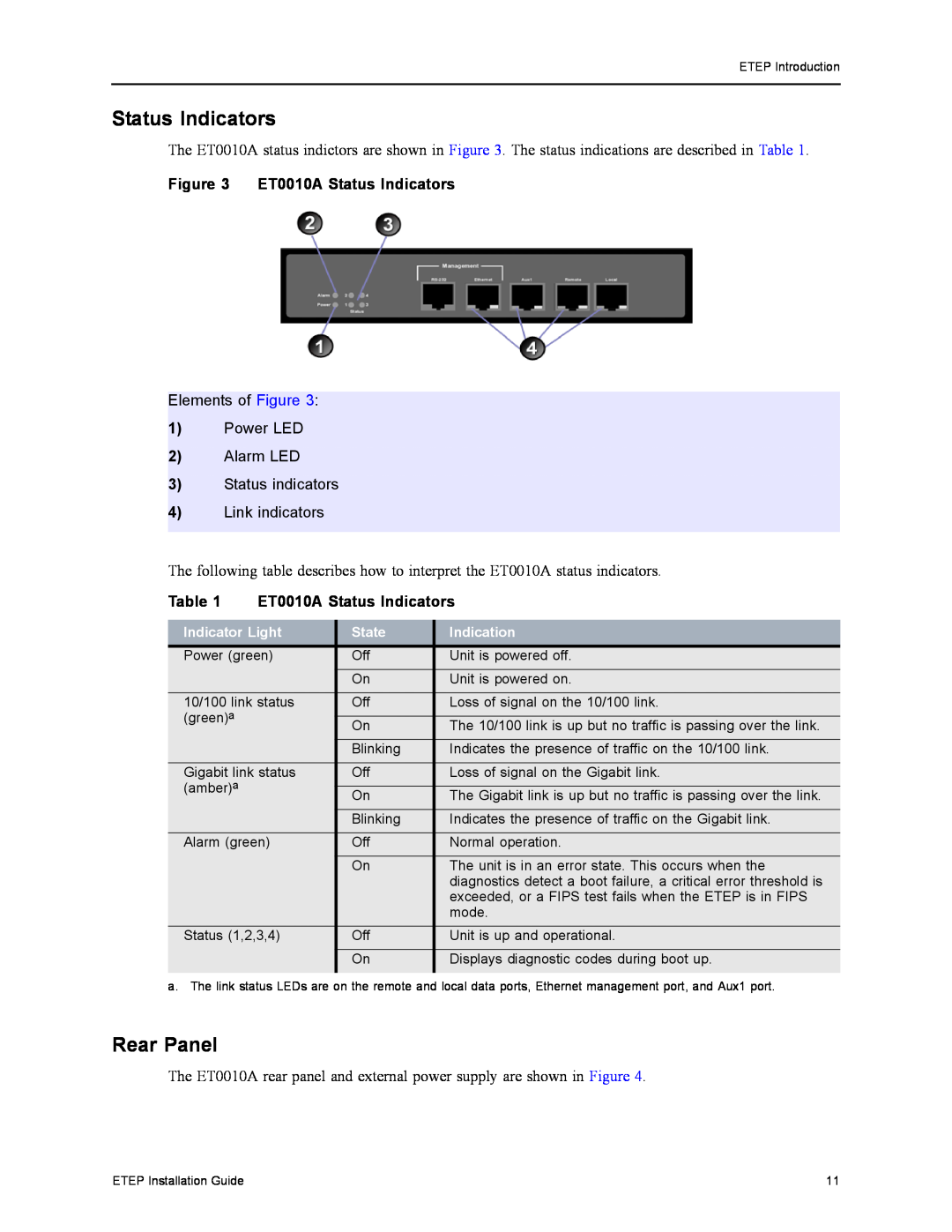 Black Box ET1000A, ET0100A, ET10000A, EncrypTight Enforcement Point (ETEP) manual Rear Panel, ET0010A Status Indicators 
