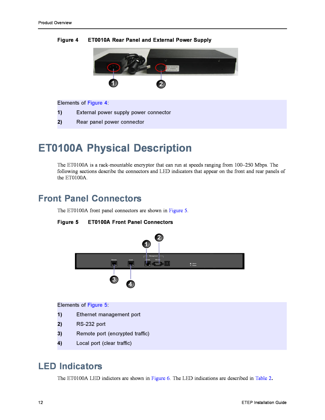 Black Box ET1000A, ET0010A, ET10000A ET0100A Physical Description, LED Indicators, ET0100A Front Panel Connectors 