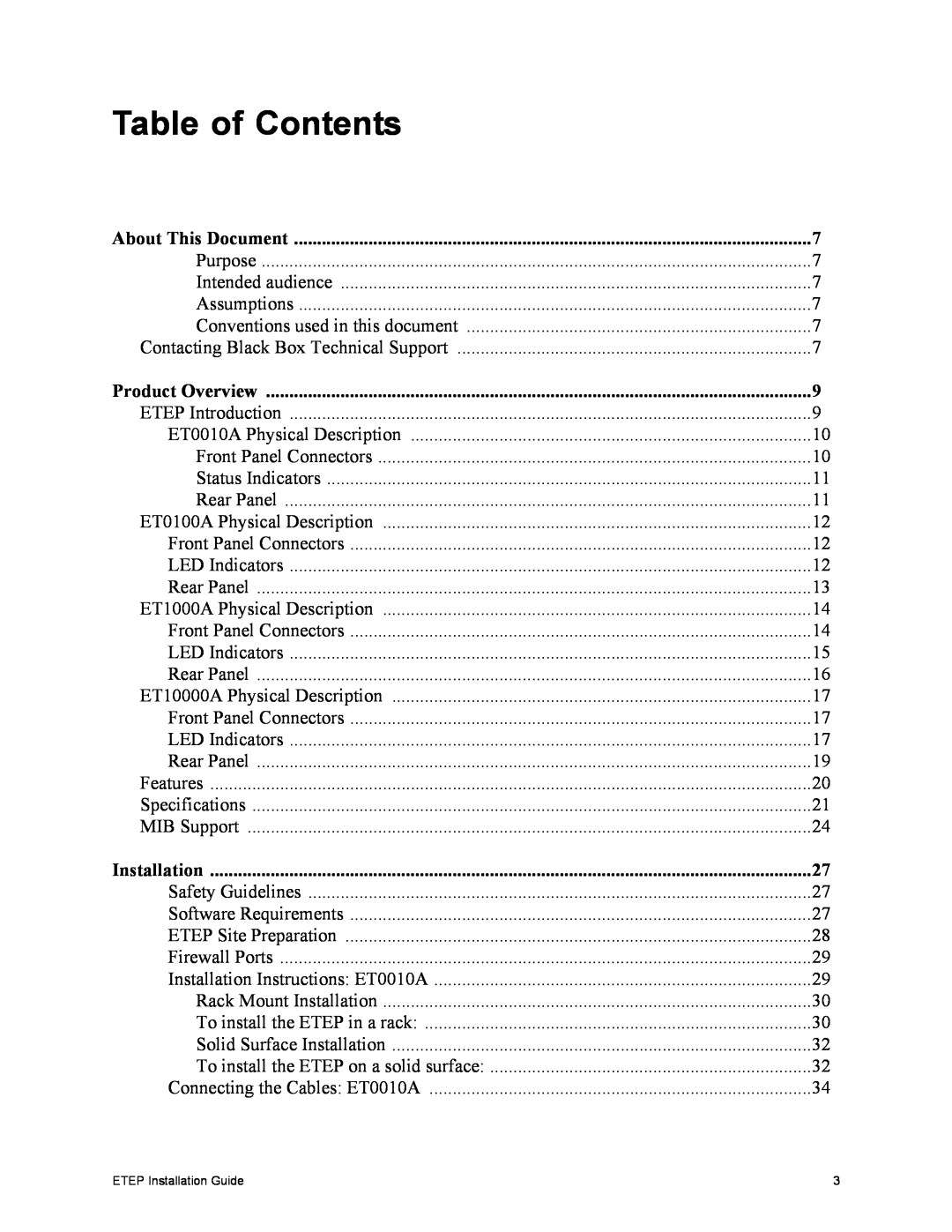 Black Box ET10000A, ET1000A, ET0010A, ET0100A manual About This Document, Product Overview, Installation, Table of Contents 