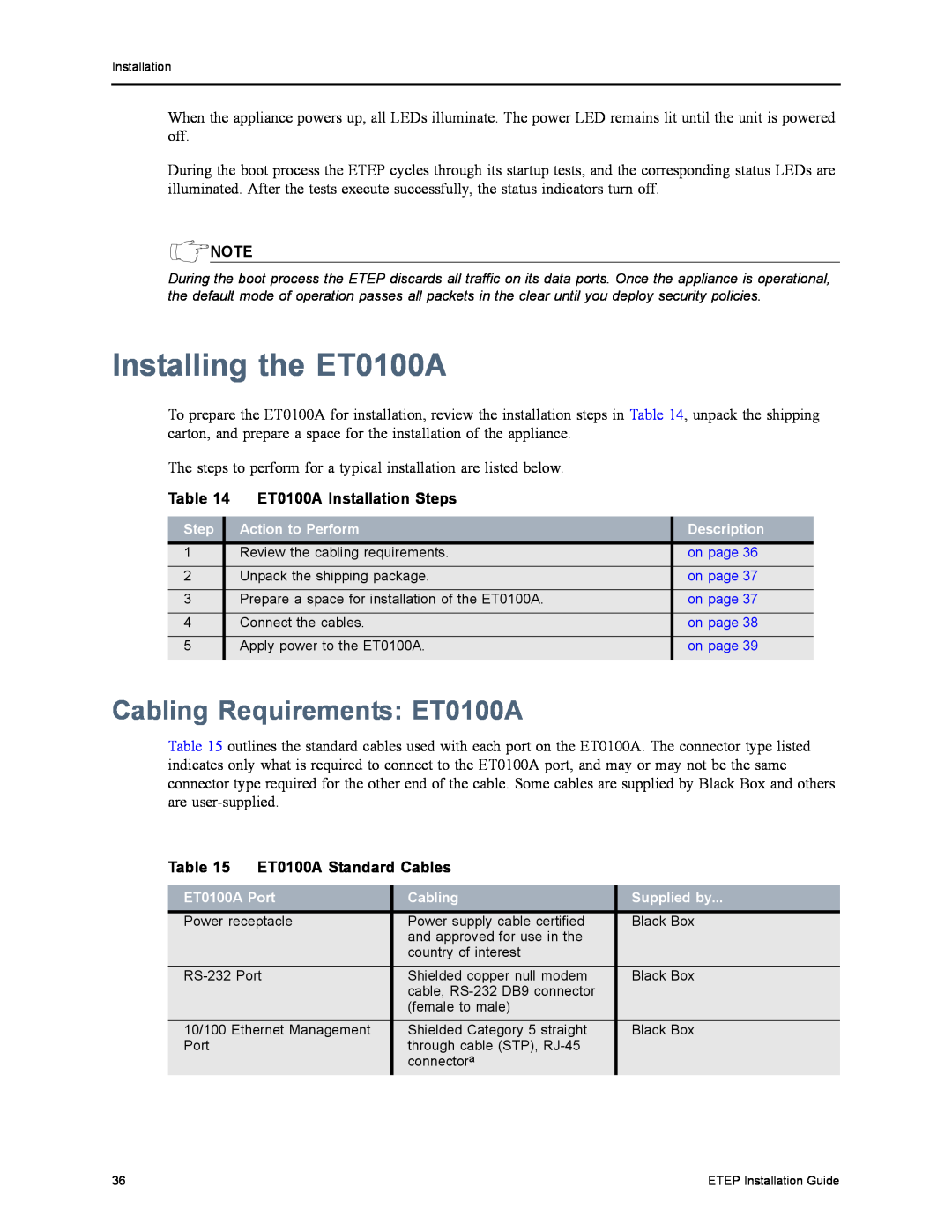 Black Box ET0010A, ET1000A, ET10000A manual Installing the ET0100A, Cabling Requirements ET0100A, ET0100A Installation Steps 